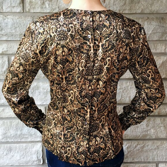 Vintage 100% Silk Gold & Black 'Baroque' Print Blouse - Picture 3 of 6